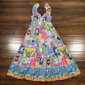 J.Marie Women's Size XS Zodiac Print Sloan Ruffle Strap Tiered Midi Dress